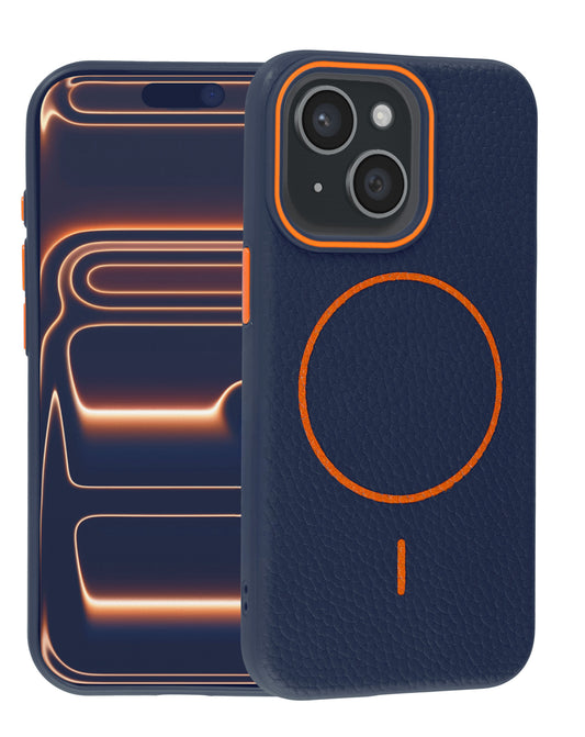 Magnetic Leather Case for iPhone 14 Plus / 15 Plus — Wayne Blue & Orange