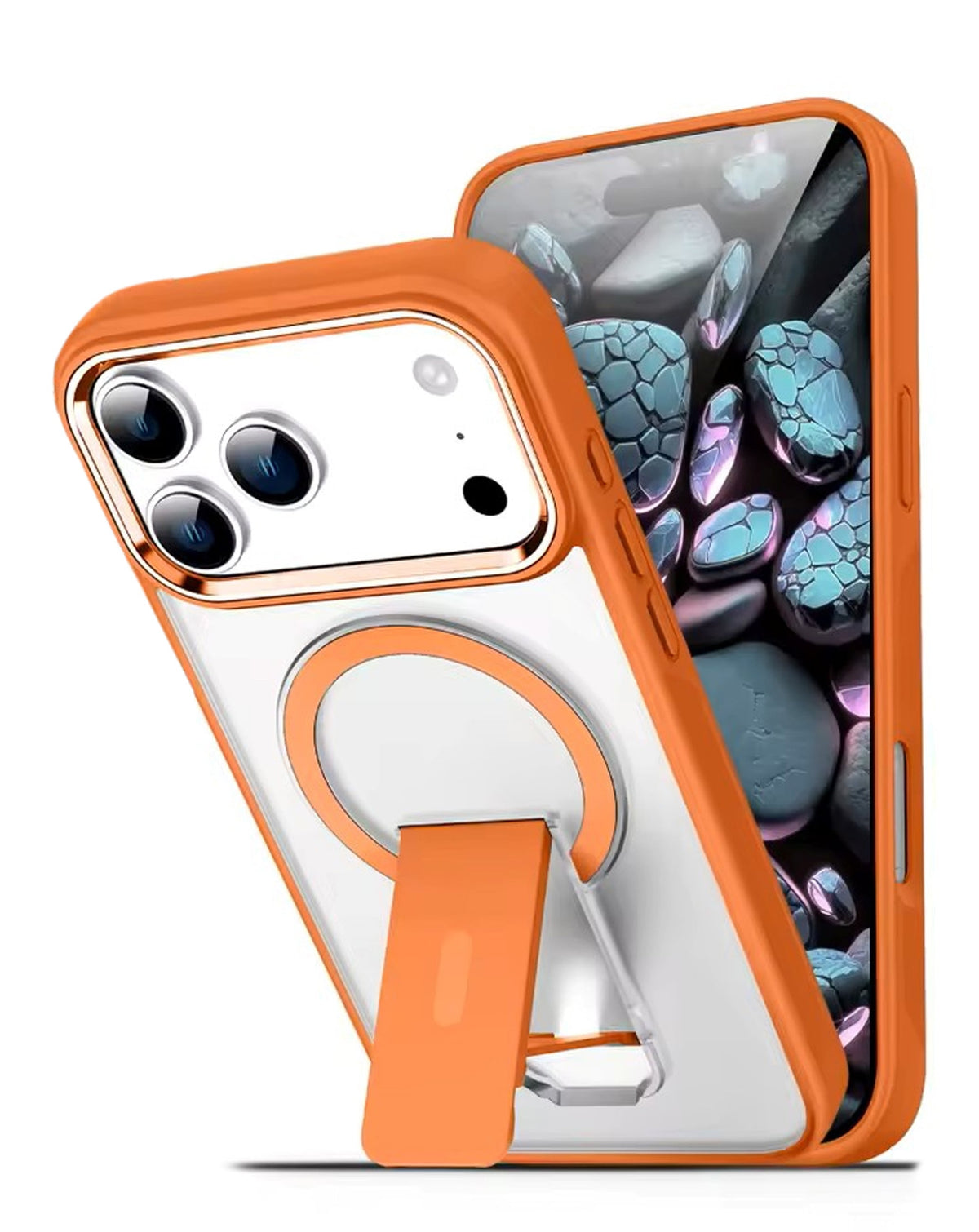 Magnetic Kickstand Crystal Clear Case for iPhone 17 Pro — Orange