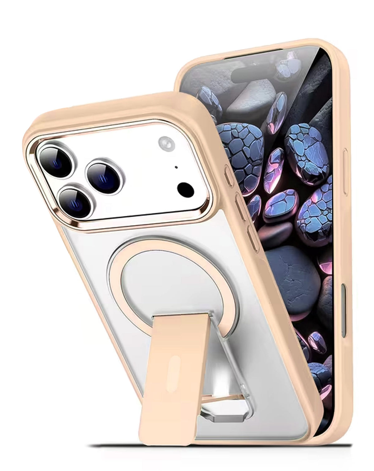 Magnetic Kickstand Crystal Clear Case for iPhone 17 Pro Max / 18 Pro Max — Champagne Gold