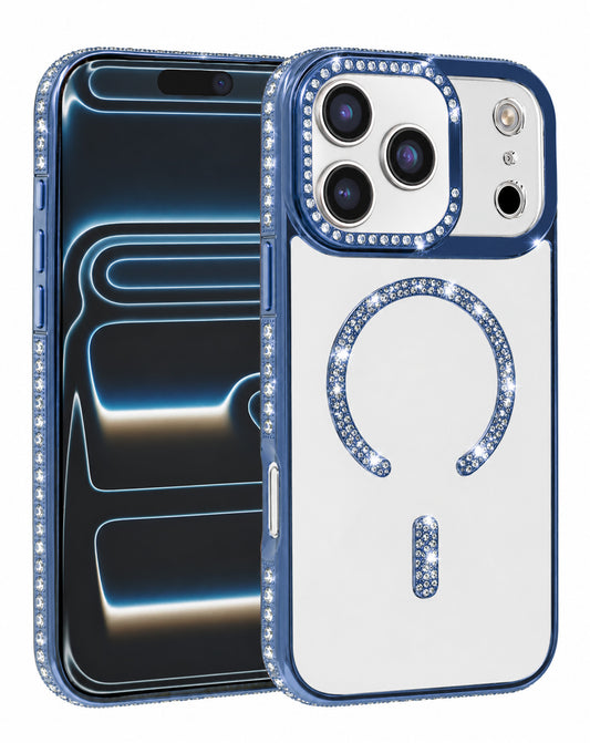 Magnetic Crystal Clear Glitter Case for iPhone 17 Pro Max / 18 Pro Max — Navy Blue
