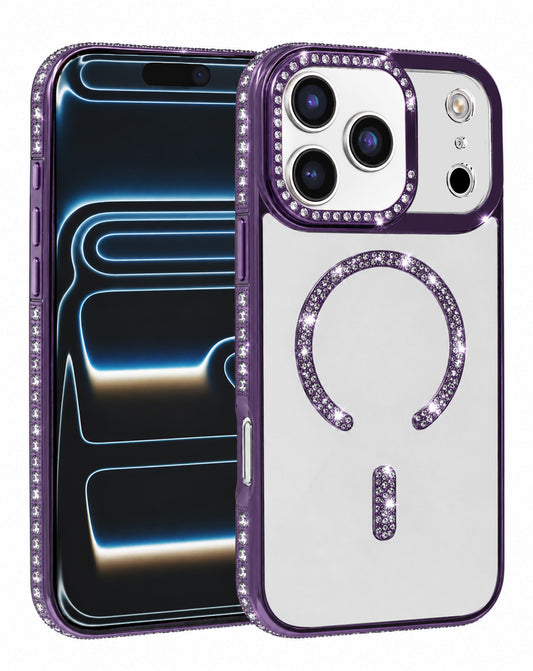 Magnetic Crystal Clear Glitter Case for iPhone 17 Pro Max / 18 Pro Max — Purple