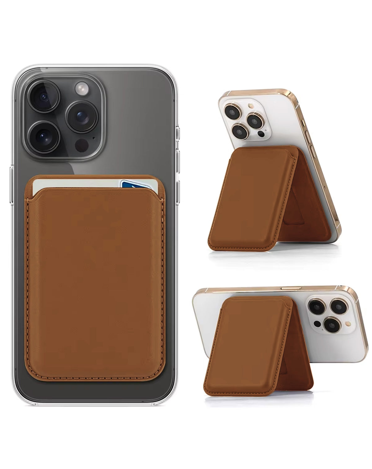 Magnetic Leather Phone Wallet Stand with IC Chip — Brown