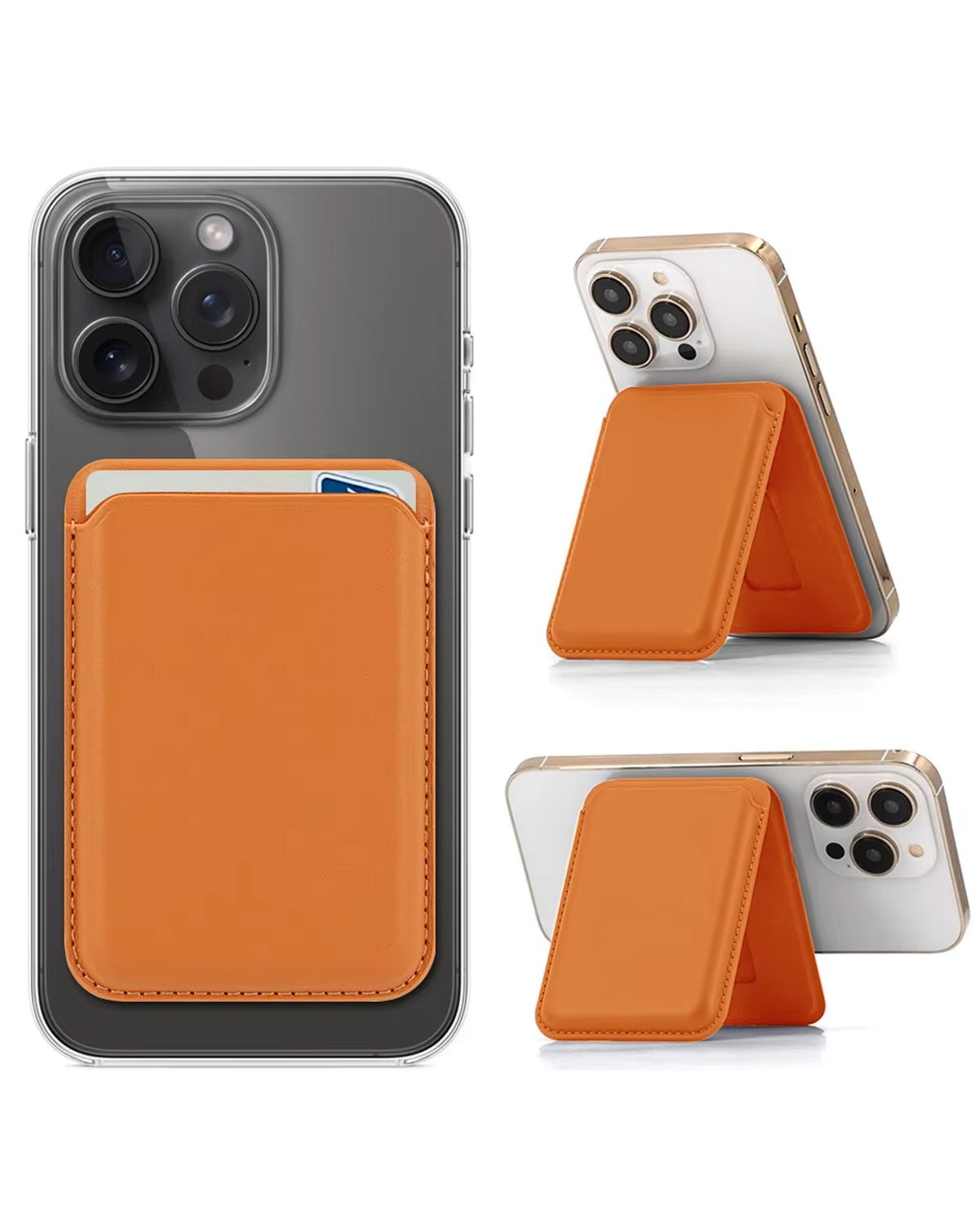 Magnetic Leather Phone Wallet Stand with IC Chip — Orange
