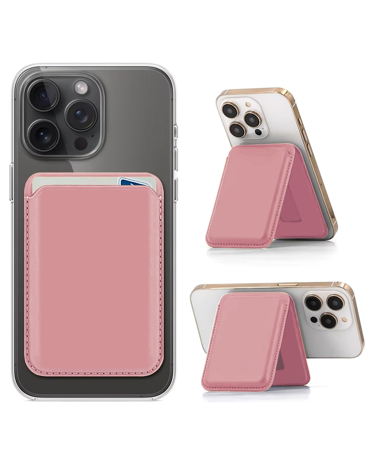 Magnetic Leather Phone Wallet Stand with IC Chip — Pink