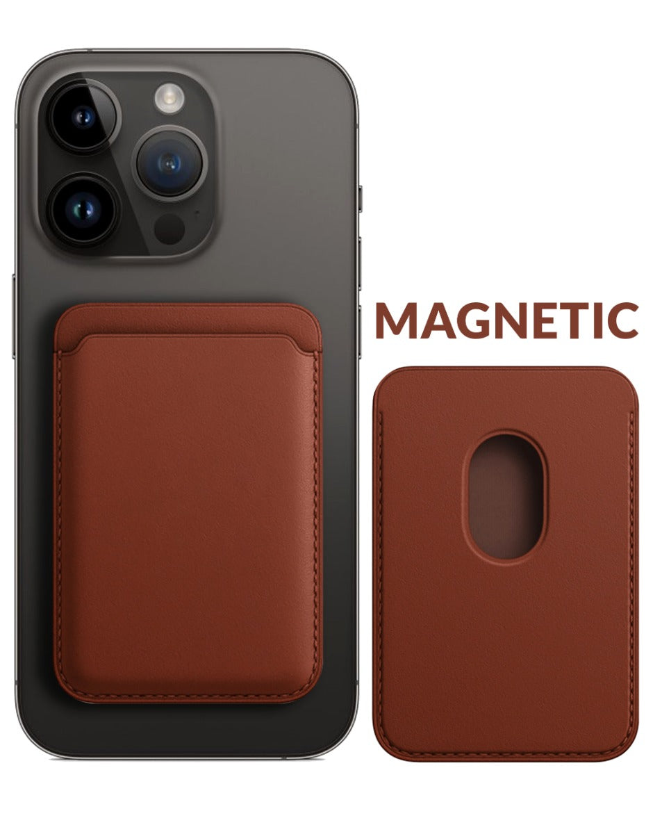 Leather Magnetic Card Wallet Holder - Brown