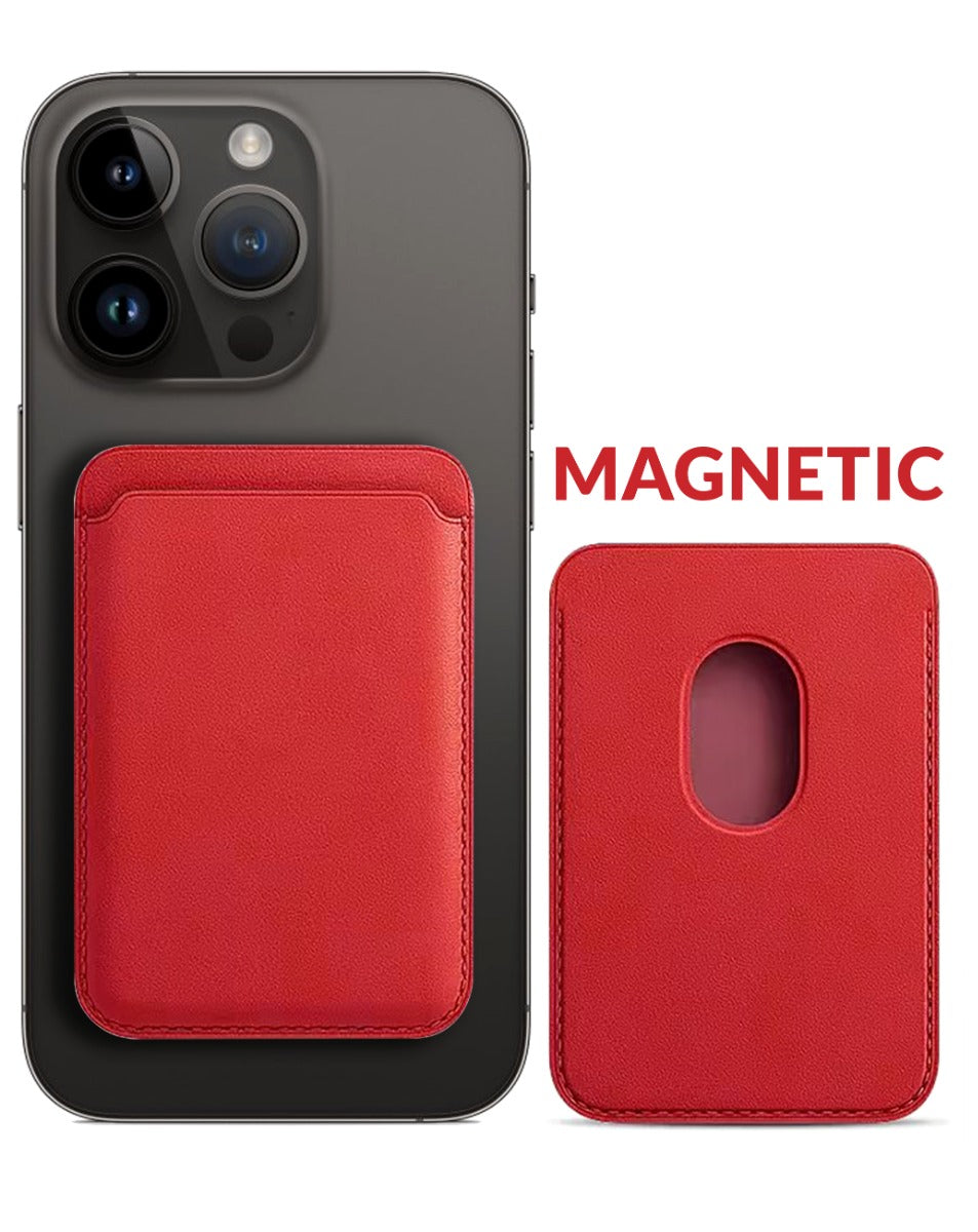Leather Magnetic Card Wallet Holder - Red