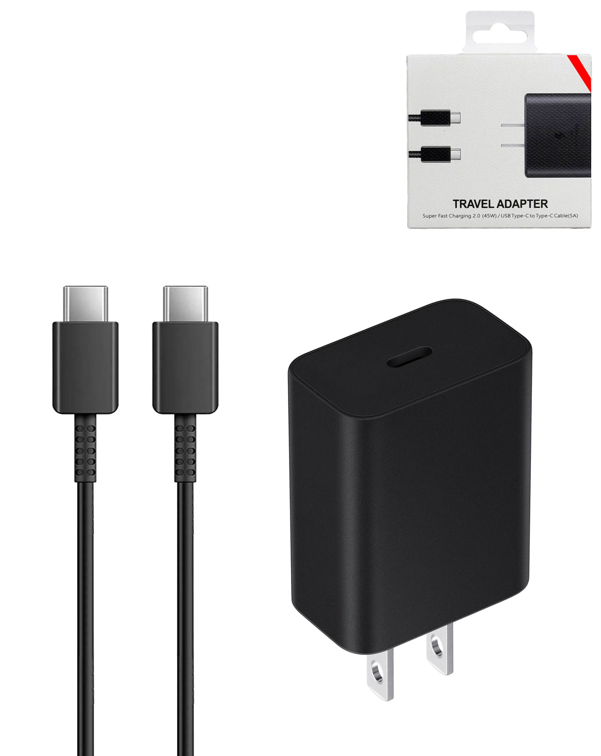 Super Fast USB-C Wall Adapter /w USB-C to USB-C Charging Cable — 3ft, 45W, Black