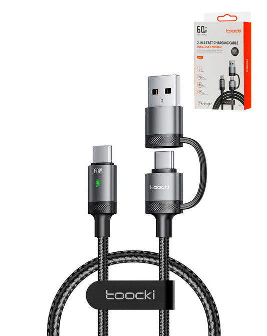 Toocki USB A+c to C Fast Charging Data Cable — 3ft, 60W, Gray