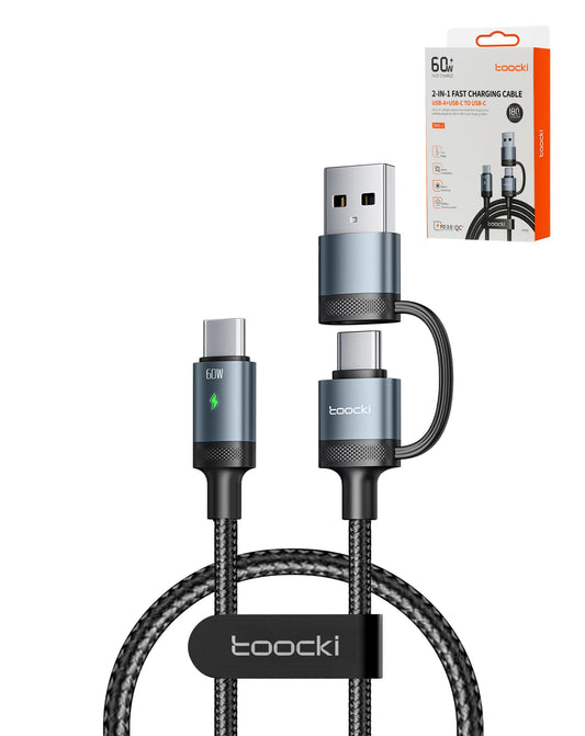 Toocki USB A+c to C Fast Charging Data Cable — 3ft, 60W, Blue