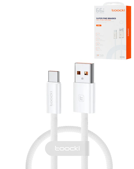 Toocki Braided USB-A to USB-C Fast Charging Data Cable — White, 3ft, 66W