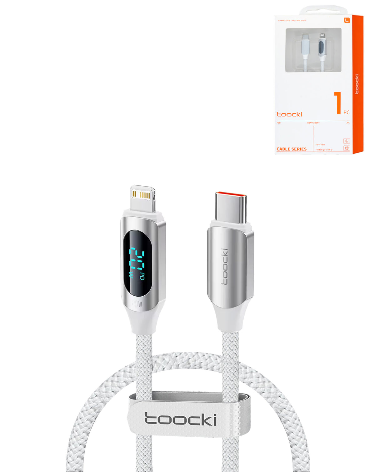 Toocki USB-C to Lightning Non-MFI Fast Charging Data Cable with Display — White, 20W, 3ft