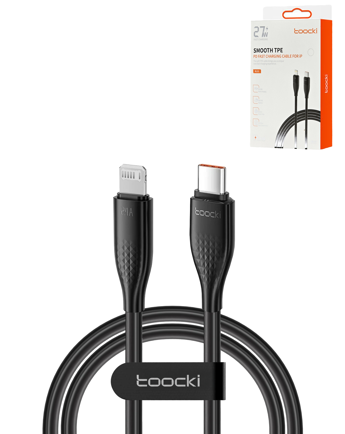 Toocki USB-C to Lightning Non-MFI Fast Charging Data Cable — Black, 6ft, 27W