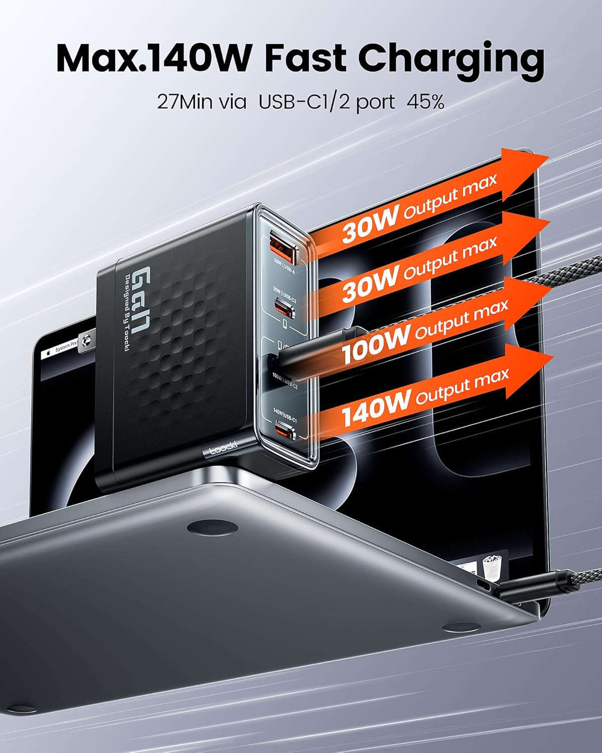Toocki USB A+c+c+c GaN Charger with USB-C to USB-C Cable — 140W, 3ft, 240W