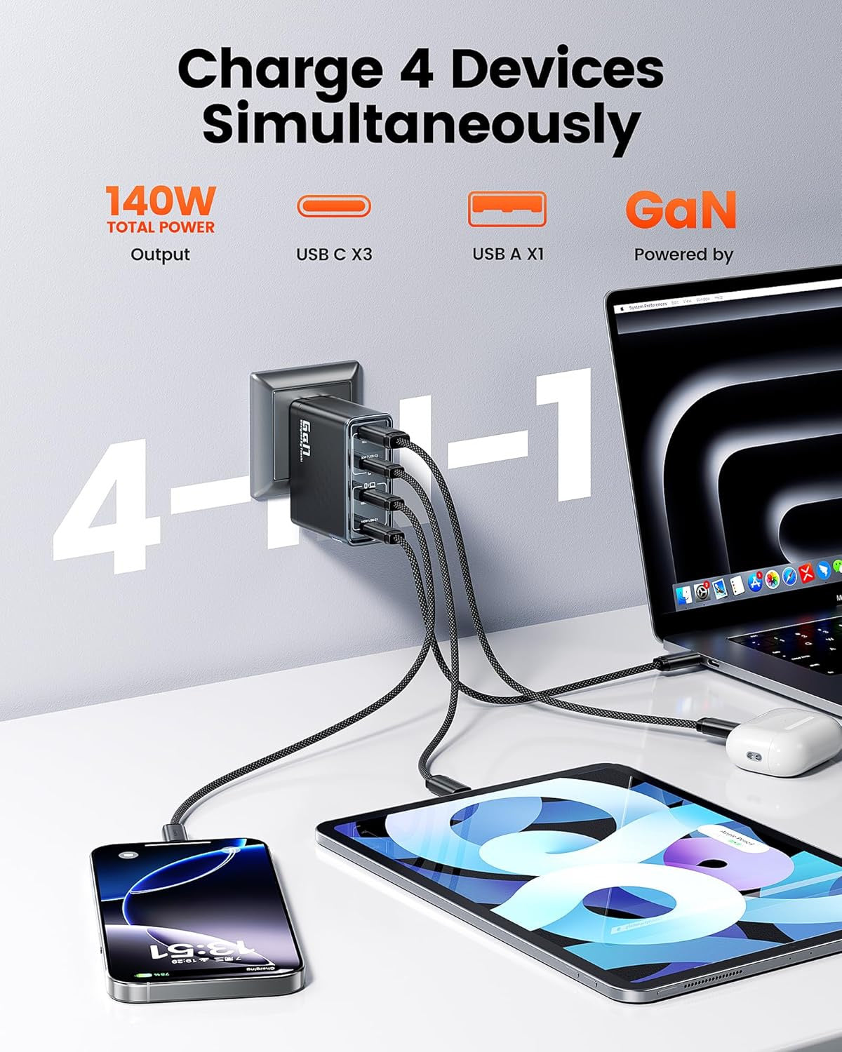 Toocki USB A+c+c+c GaN Charger with USB-C to USB-C Cable — 140W, 3ft, 240W