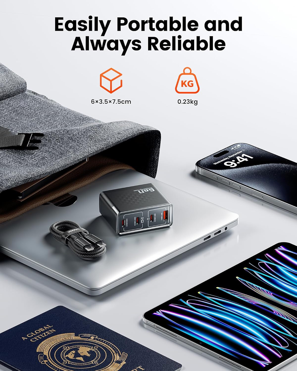 Toocki USB A+c+c+c GaN Charger with USB-C to USB-C Cable — 140W, 3ft, 240W