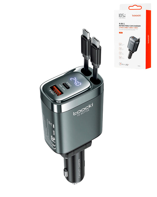 Toocki PD USB-C+C+A Car Charger with Display — Black, 105W