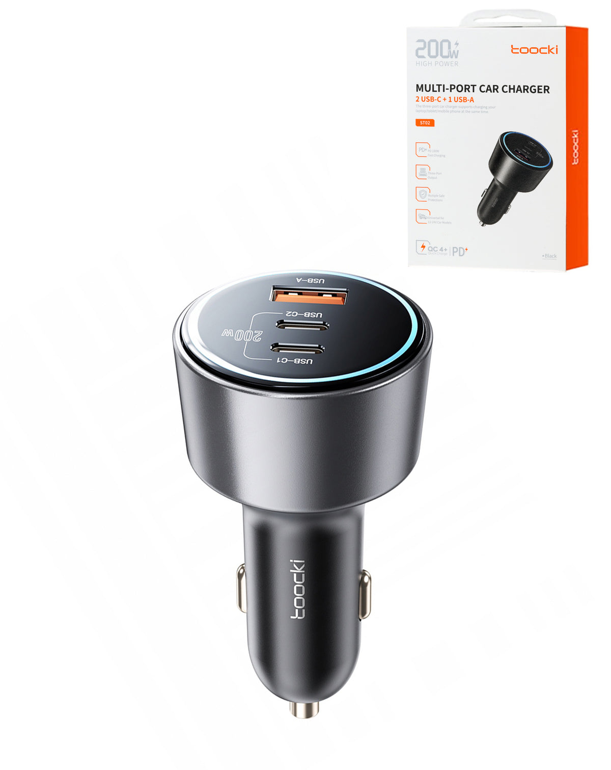 Toocki PD USB-C+C+A Car Charger — Black, 200W