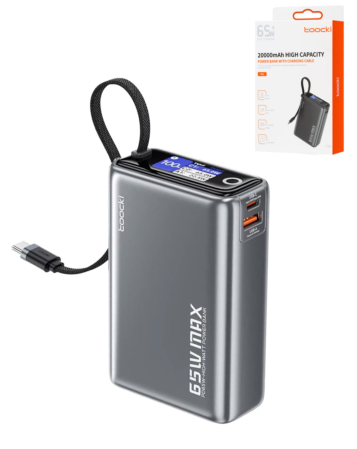 Toocki Energy Cube Power Bank with Built-In Cable and LCD Indicator — 20000 mAh / 65W