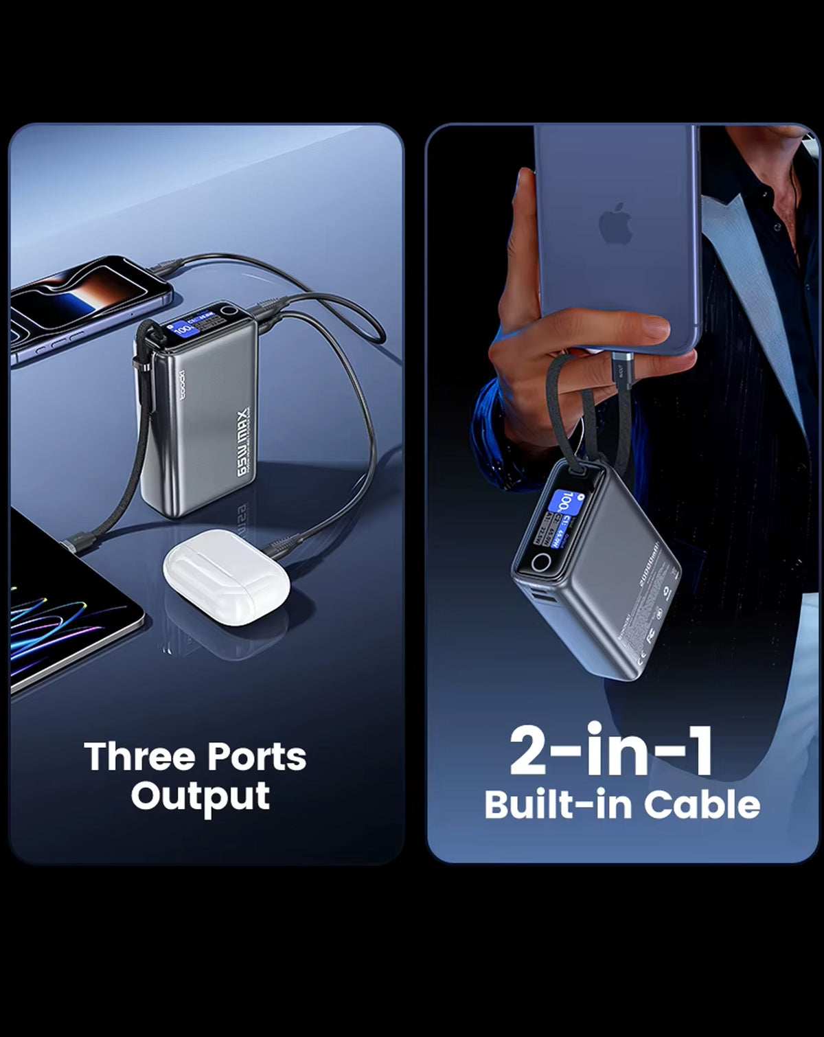 Toocki Energy Cube Power Bank with Built-In Cable and LCD Indicator — 20000 mAh / 65W