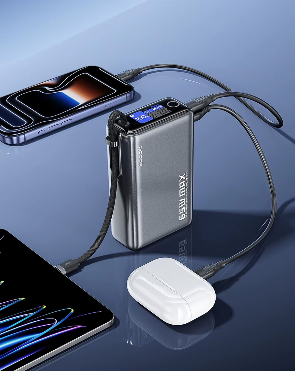 Toocki Energy Cube Power Bank with Built-In Cable and LCD Indicator — 20000 mAh / 65W