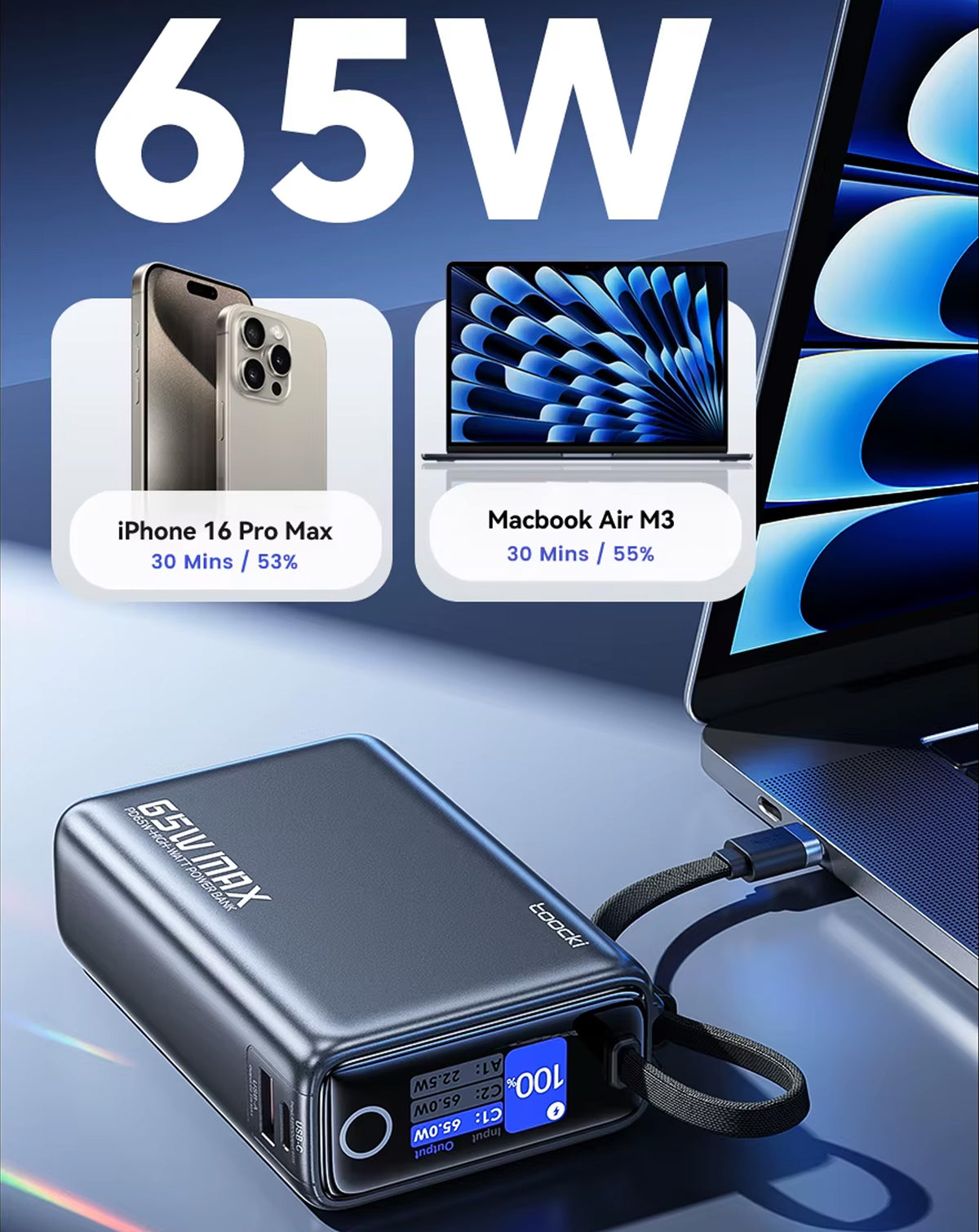 Toocki Energy Cube Power Bank with Built-In Cable and LCD Indicator — 20000 mAh / 65W