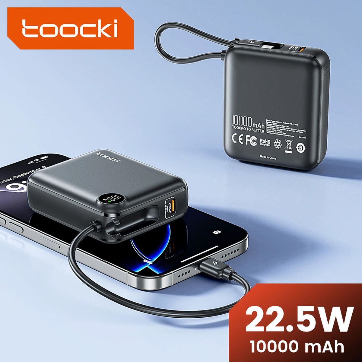 Toocki Power Bank with Built-In Cable and LCD Indicator — 10000 mAh / 22.5W