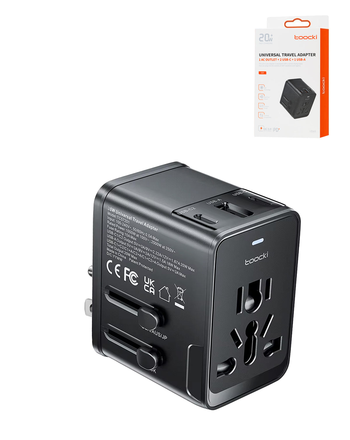 Toocki USB-C+C+A US to Universal Converter Adapter — 20W, Black