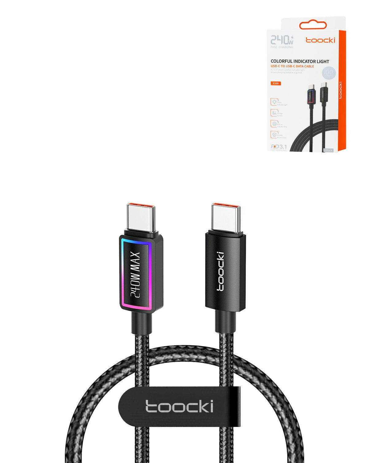 Toocki USB-C to USB-C Super Fast Charging Data Cable with Colorful Indicator Light — 240W, 3ft