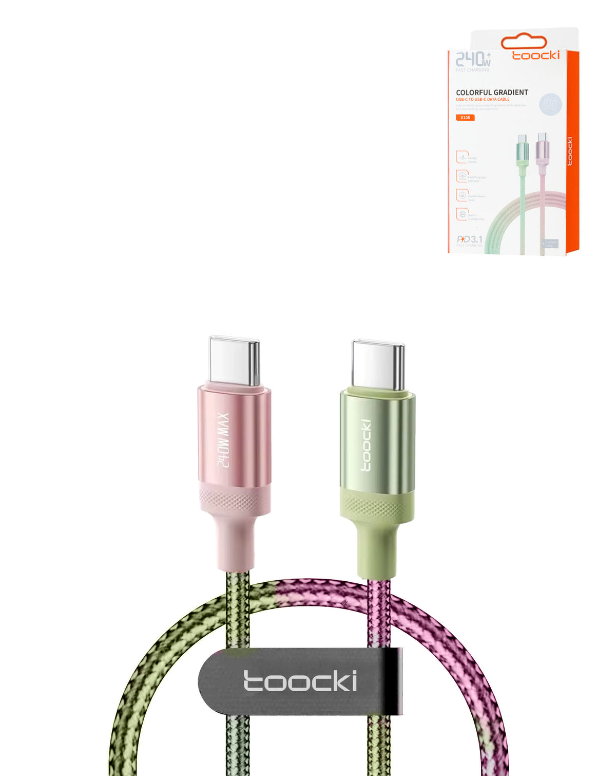 Toocki USB-C to USB-C Super Fast Charging Data Cable with Display — Colorful, 240W, 3ft