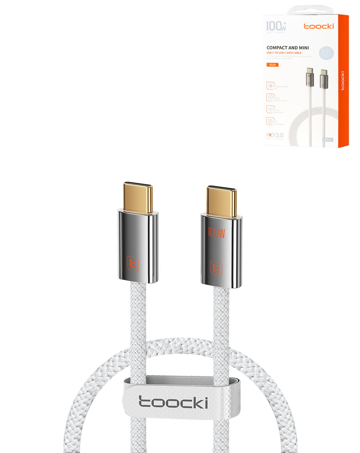 Toocki Compact Zinc Alloy USB-C to USB-C Super-Fast Charging Data Cable — 100W, 3ft