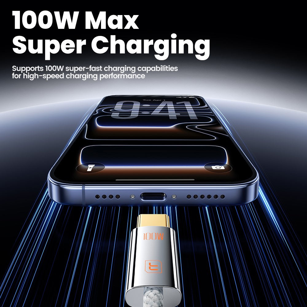 Toocki Compact Zinc Alloy USB-C to USB-C Super-Fast Charging Data Cable — 100W, 3ft