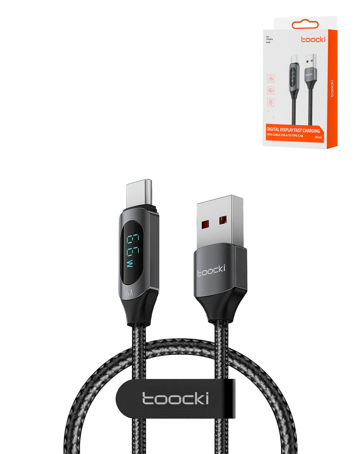 Toocki USB-A to USB-C Fast Charging Data Cable with Display — Black, 66W, 3ft