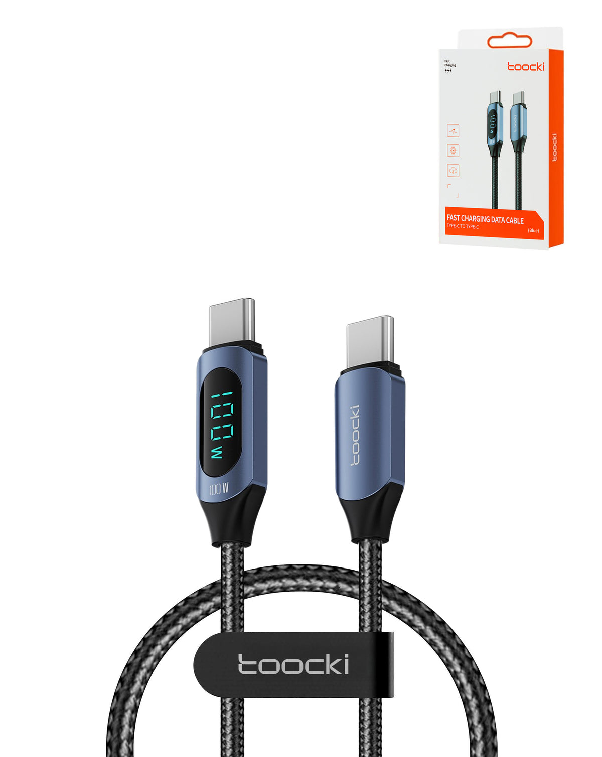 Toocki USB-C to USB-C Fast Charging Data Cable with Display — Blue, 100W, 3ft