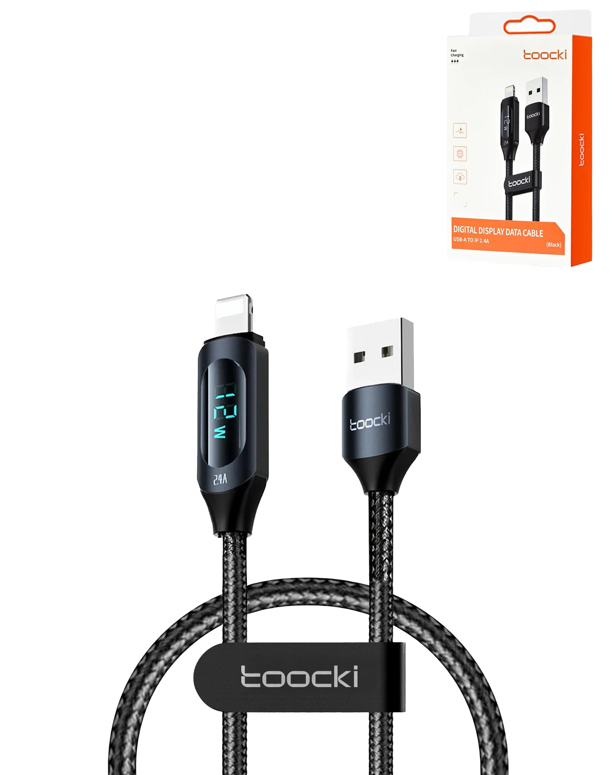 Toocki USB-A to Lightning Non-MFI Fast Charging Data Cable with Display — Black, 12W, 3ft