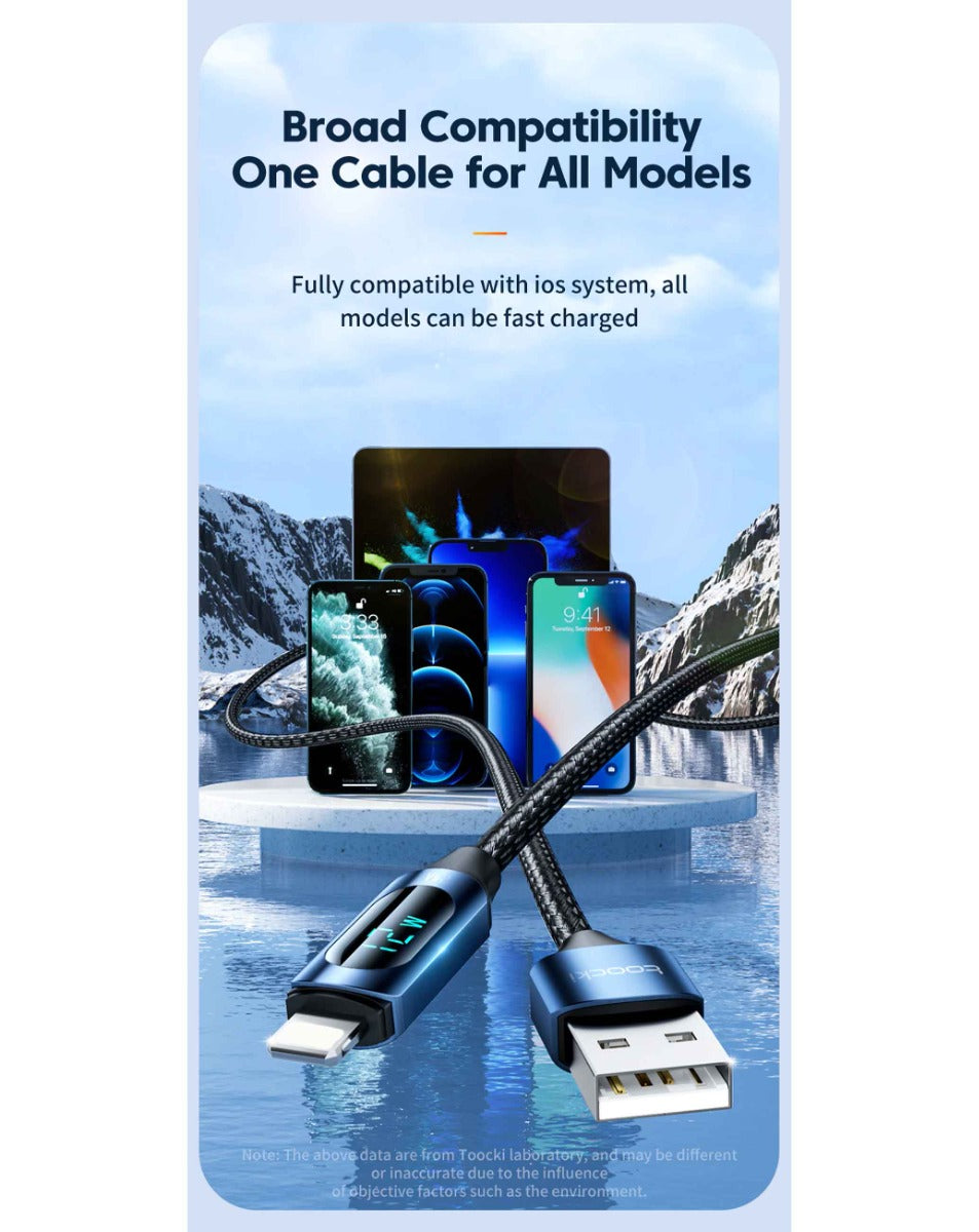 Toocki USB-A to Lightning Non-MFI Fast Charging Data Cable with Display — Brown, 6ft, 12W