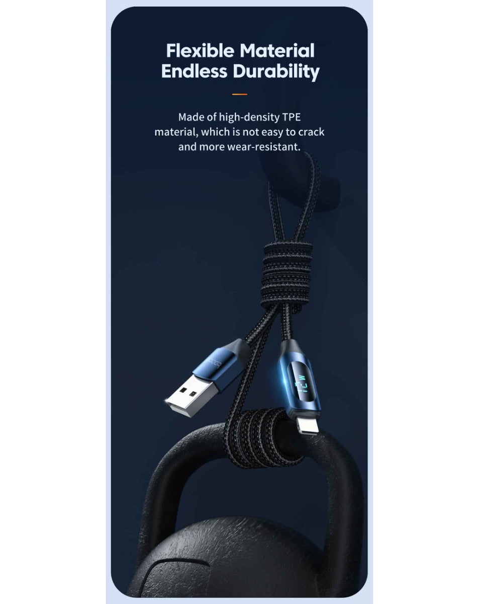 Toocki USB-A to Lightning Non-MFI Fast Charging Data Cable with Display — Brown, 6ft, 12W