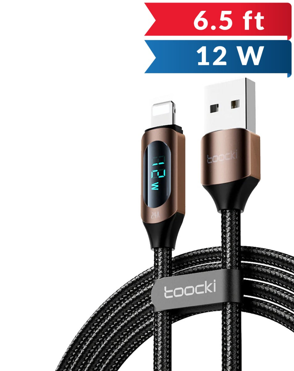 Toocki USB-A to Lightning Non-MFI Fast Charging Data Cable with Display — Brown, 6ft, 12W