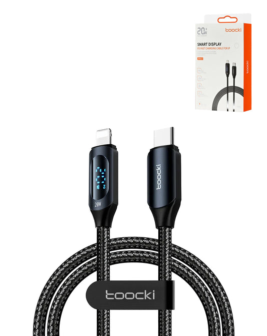 Toocki USB-C to Lightning Non-MFI Fast Charging Data Cable with Display — Black, 6ft, 20W