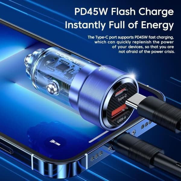 Toocki PD USB-C+A Transparent Car Charger — Blue, 75W