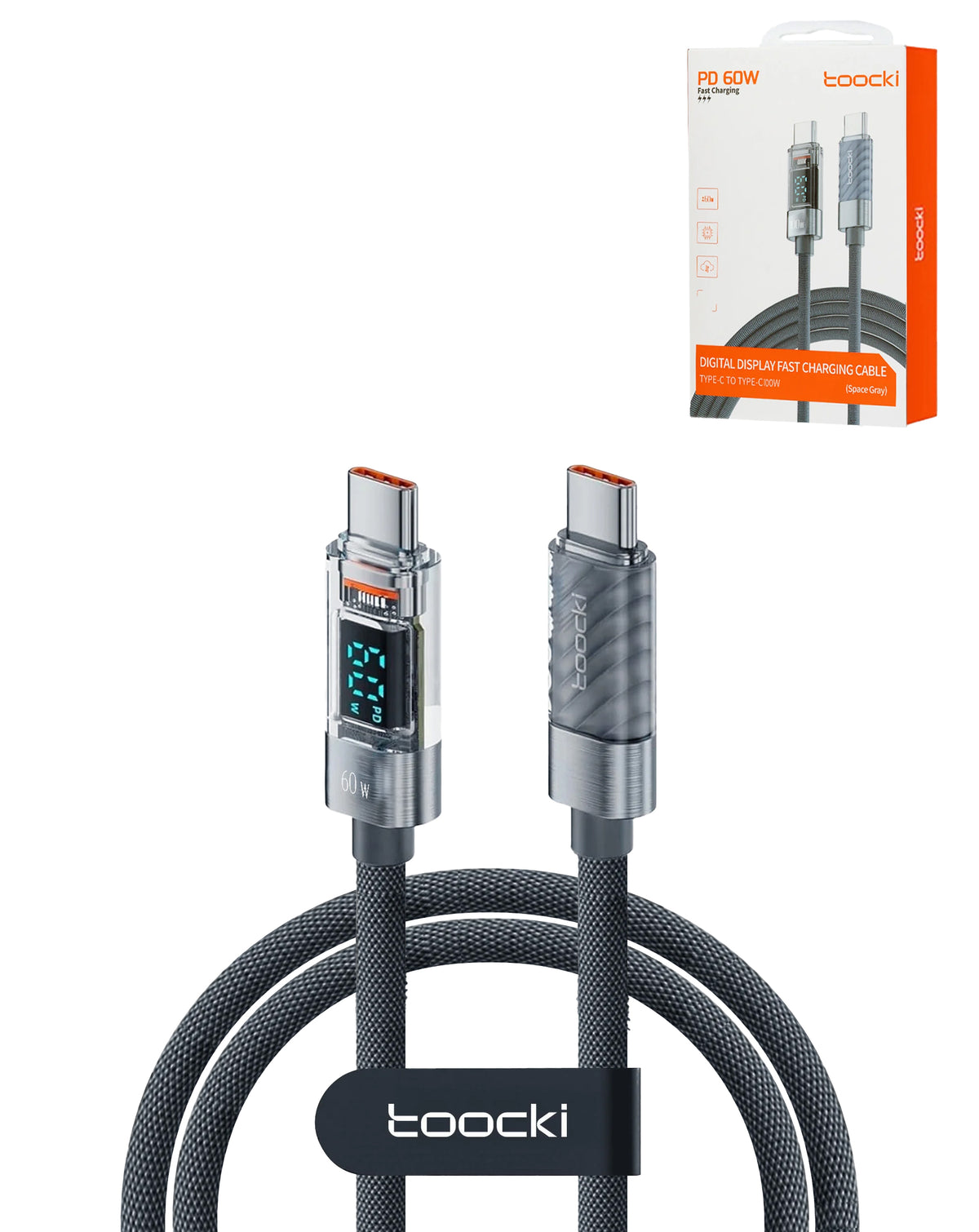 Toocki USB-C to USB-C Super Fast Charging Data Cable with Display — Gray, 6ft, 60W