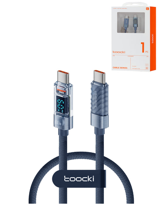 Toocki USB-C to USB-C Super Fast Charging Data Cable with Display — Blue, 100W, 3ft