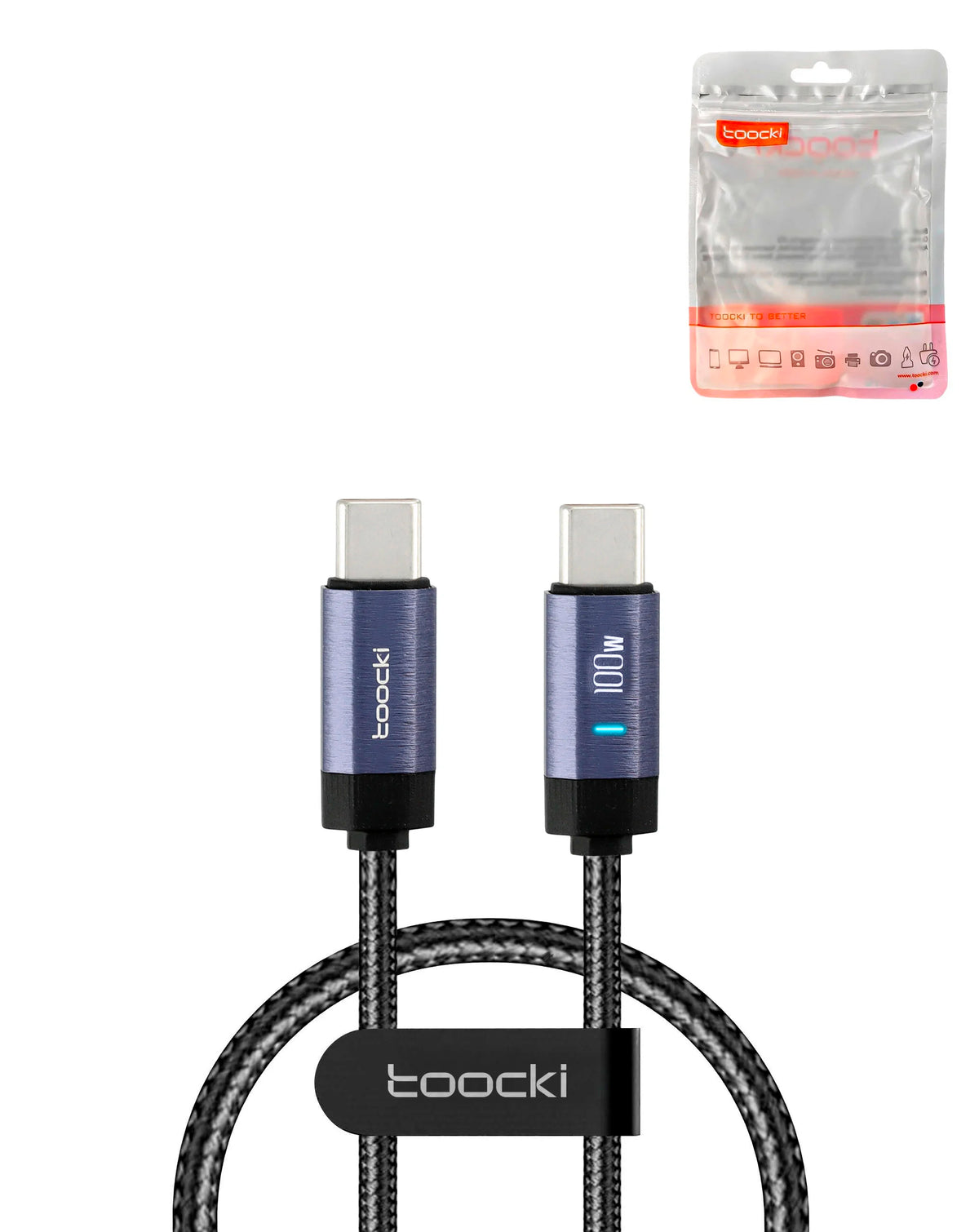 Toocki USB-C to USB-C Super Fast Charging Data Cable with Indicator Light — Blue, 100W, 3ft