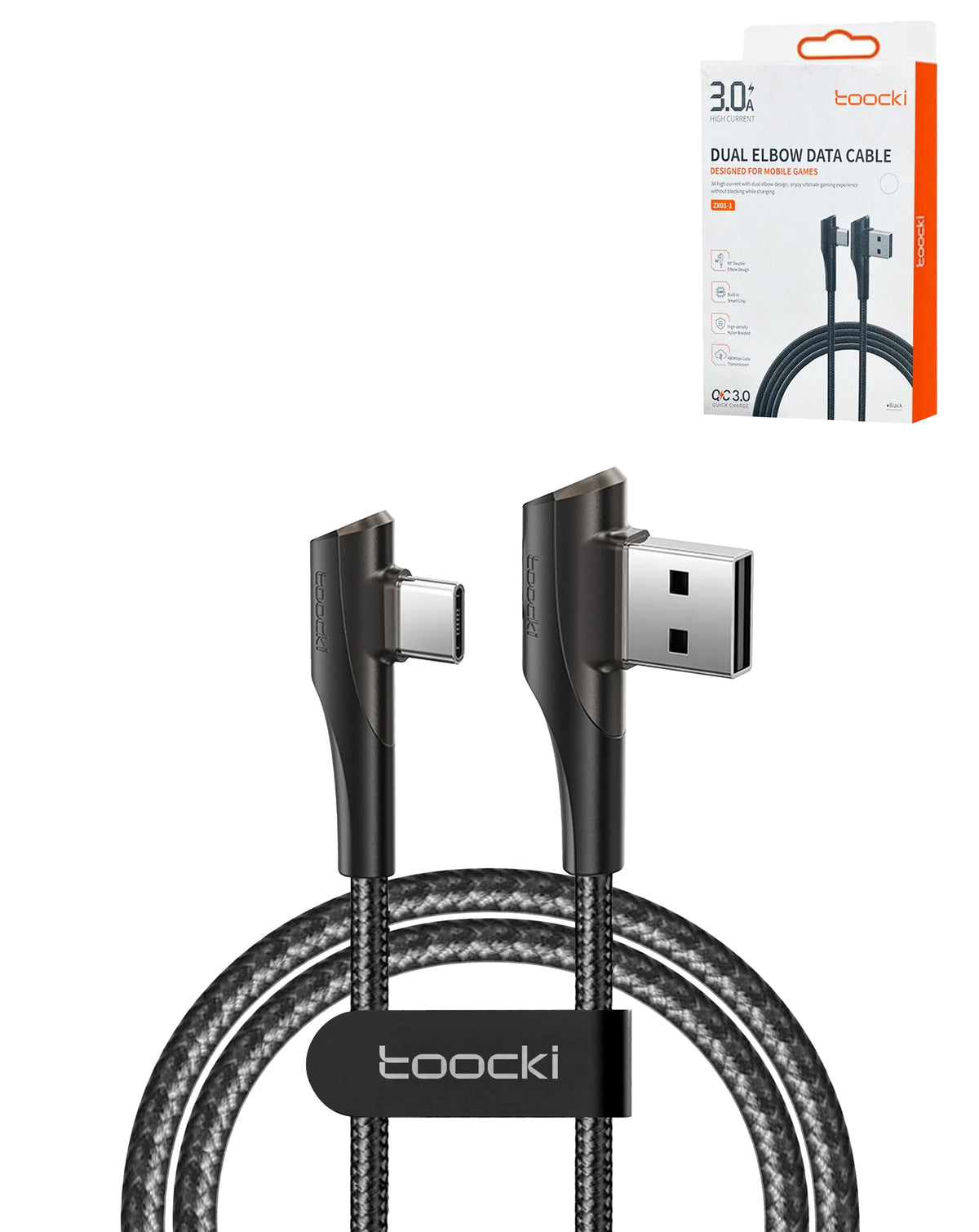 Toocki USB-A to USB-C Double Elbow Fast Charging Data Cable — Black, 6.5ft