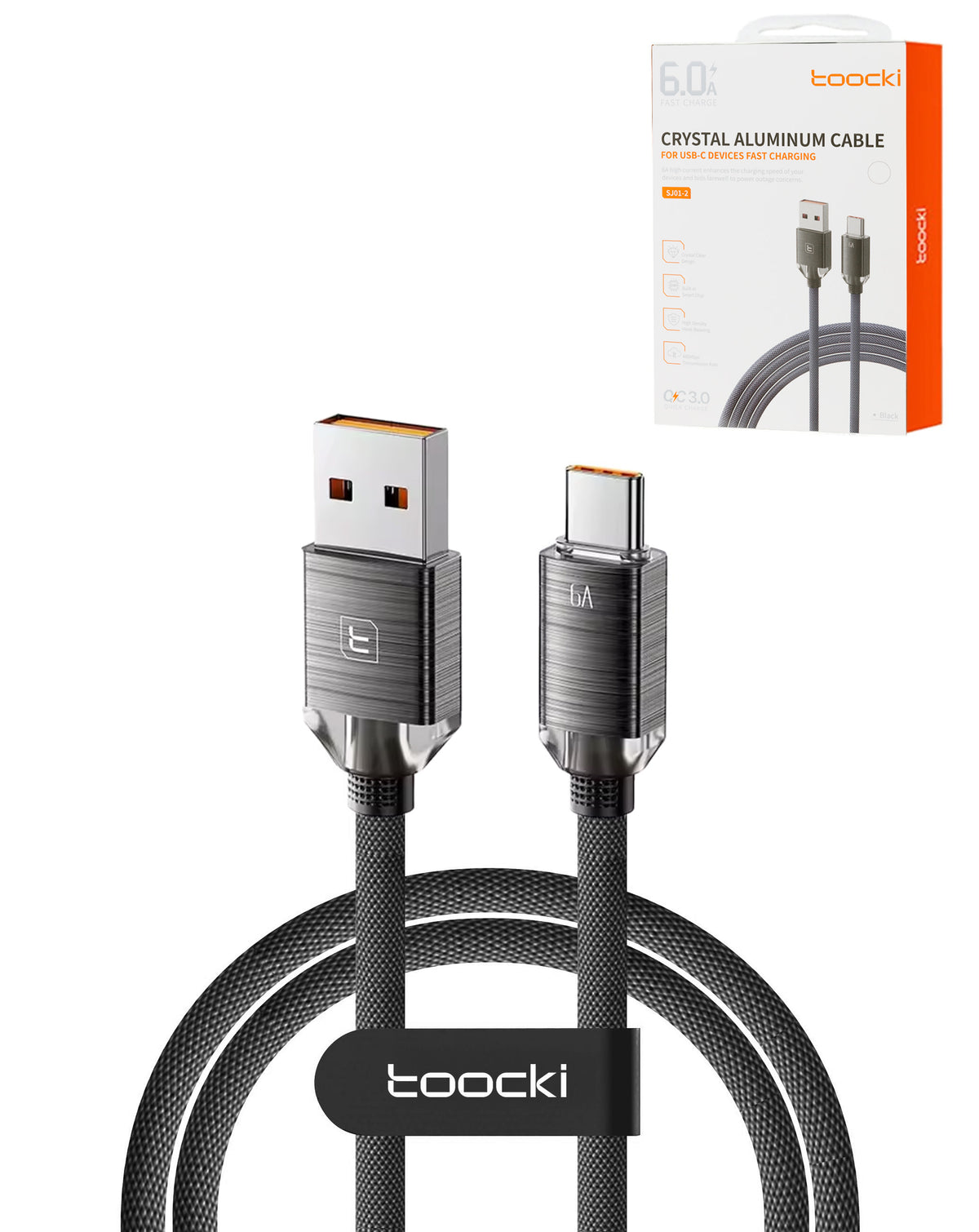 Toocki USB-A to USB-C Crystal Fast Braided Charging Data Cable — Black, 6ft, 66W