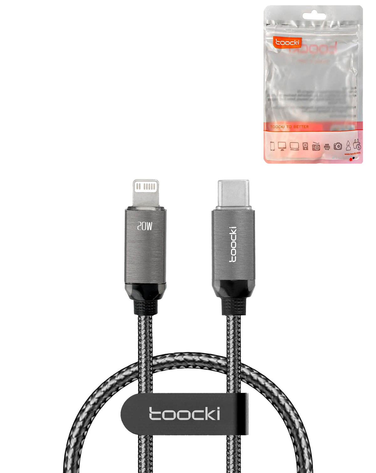 Toocki USB-C to Lightning Crystal Fast Braided Charging Data Cable Non MFI — Black, 3ft, 20W