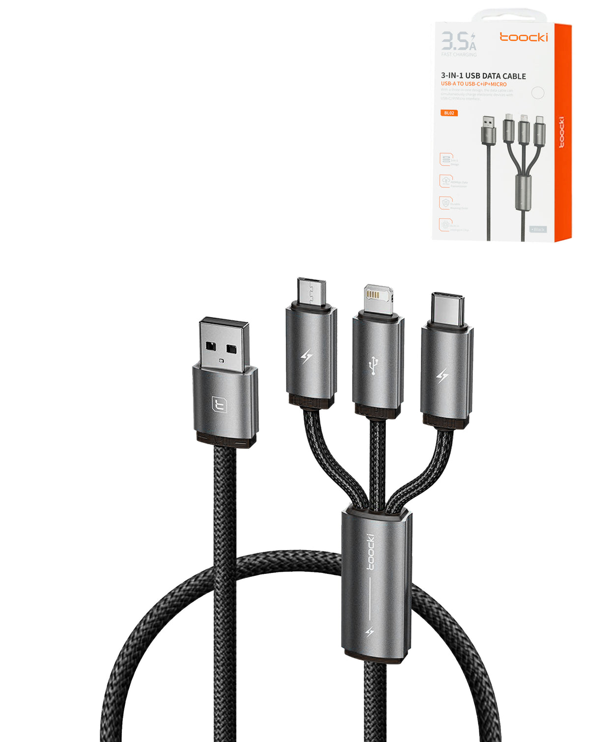 Toocki 3in1 Aluminum USB A to C + M + L Charging Data Cable — 3ft, 18W