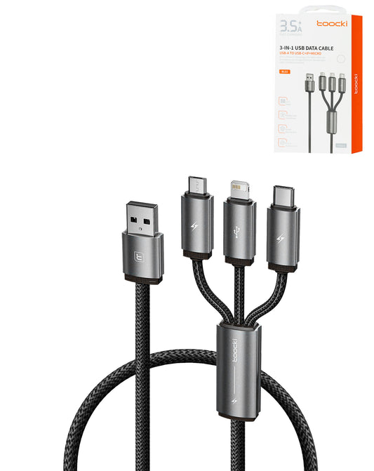 Toocki 3in1 Aluminum USB A to C + M + L Charging Data Cable — 3ft, 18W