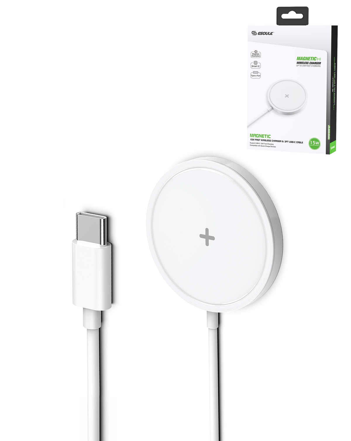 Esoulk Magnetic Wireless Charger — 15W, White