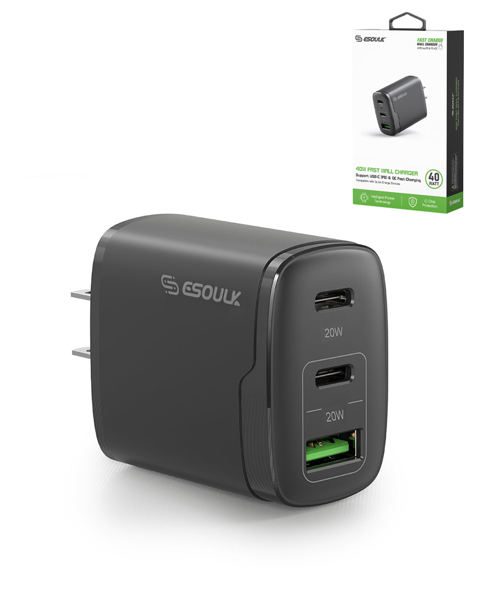 Esoulk EA18 Dual USB-C + USB-A Fast Wall Charger — Black, 40W