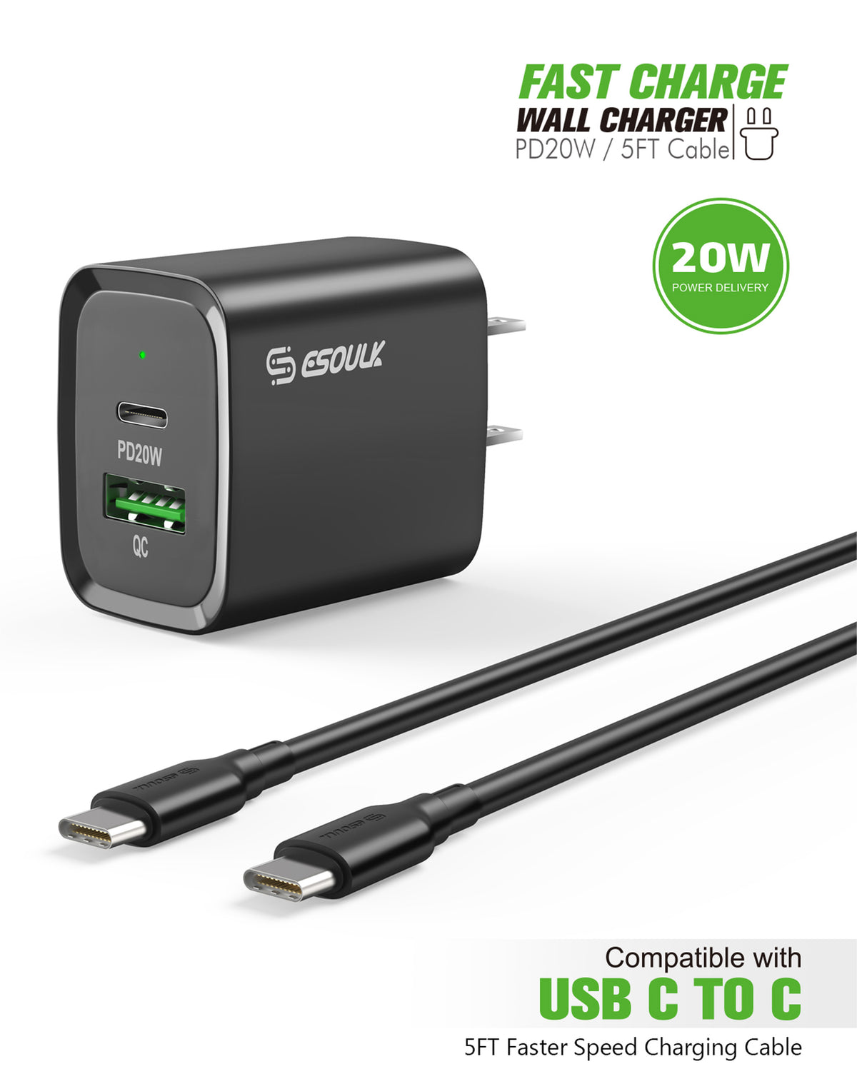 Esoulk USB-C+A Pd/qc Wall Adapter with USB-C to USB-C Cable — 5ft, 20W, Black